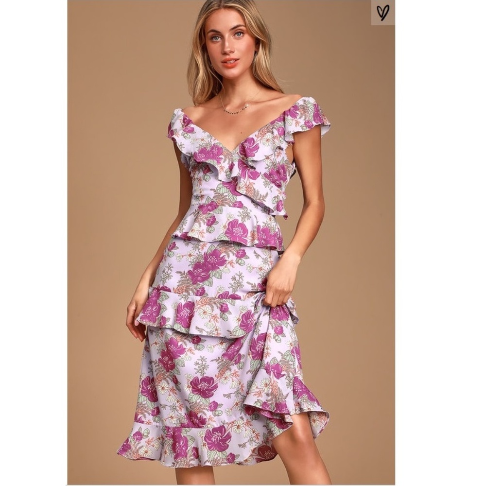 Lulu's Lavender Floral Print Ruffled Midi Dress
